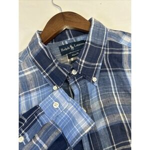 Polo Ralph Lauren Classic Button Down Shirt Mens XL Long Sleeve Blue Check Linen